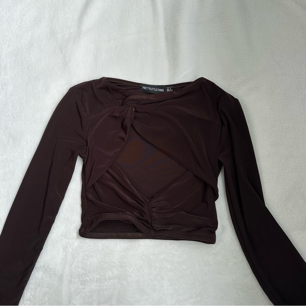 PrettyLittleThing Chocolate Brown Ruched Crop Blouse and matching skirt